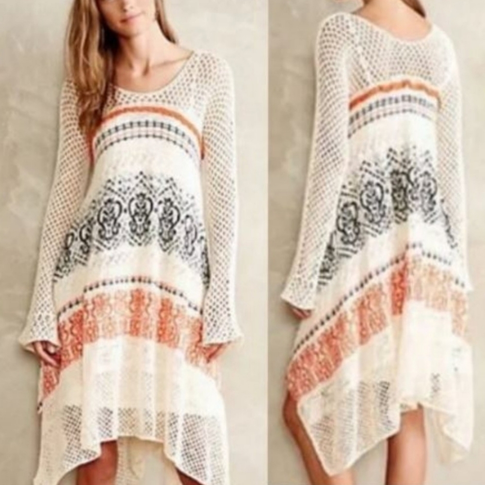 Anthropologie Orange and Cream Asymmetrical Sundress with Bell Sleeves